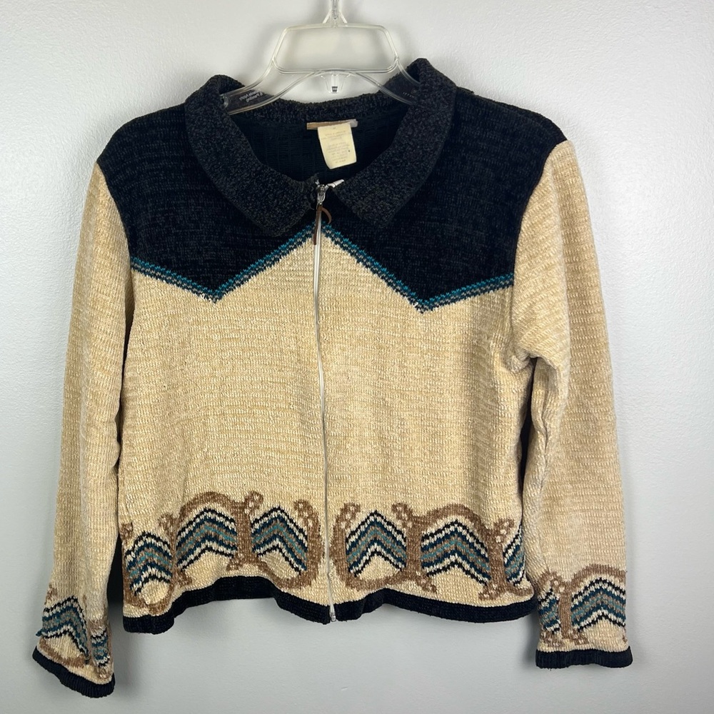 Vintage Wrangler Zip Chenille Sweater Jacket M Tan Blue Horseshoe Detail at Hem